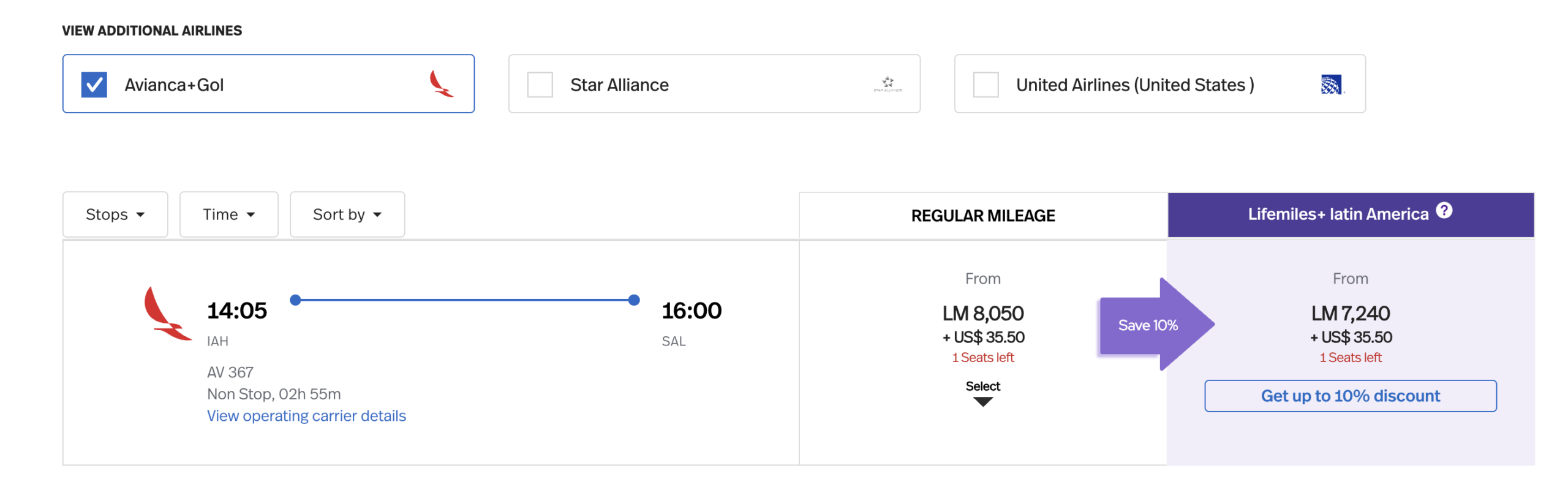 Award booking search results for flight on Avianca from IAH to SAL