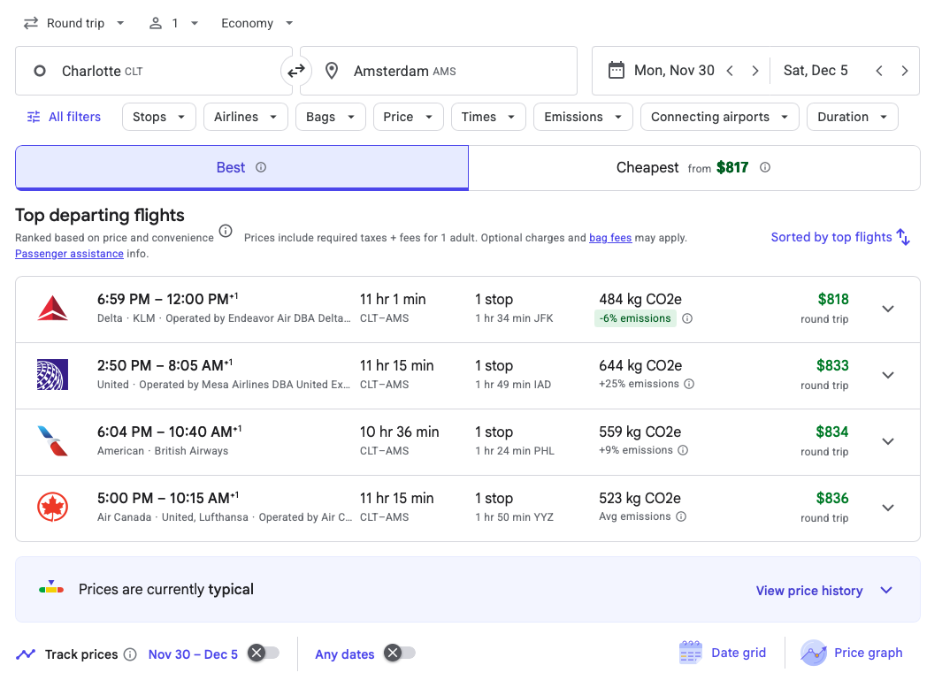 Google Flights search result for CLT to AMS