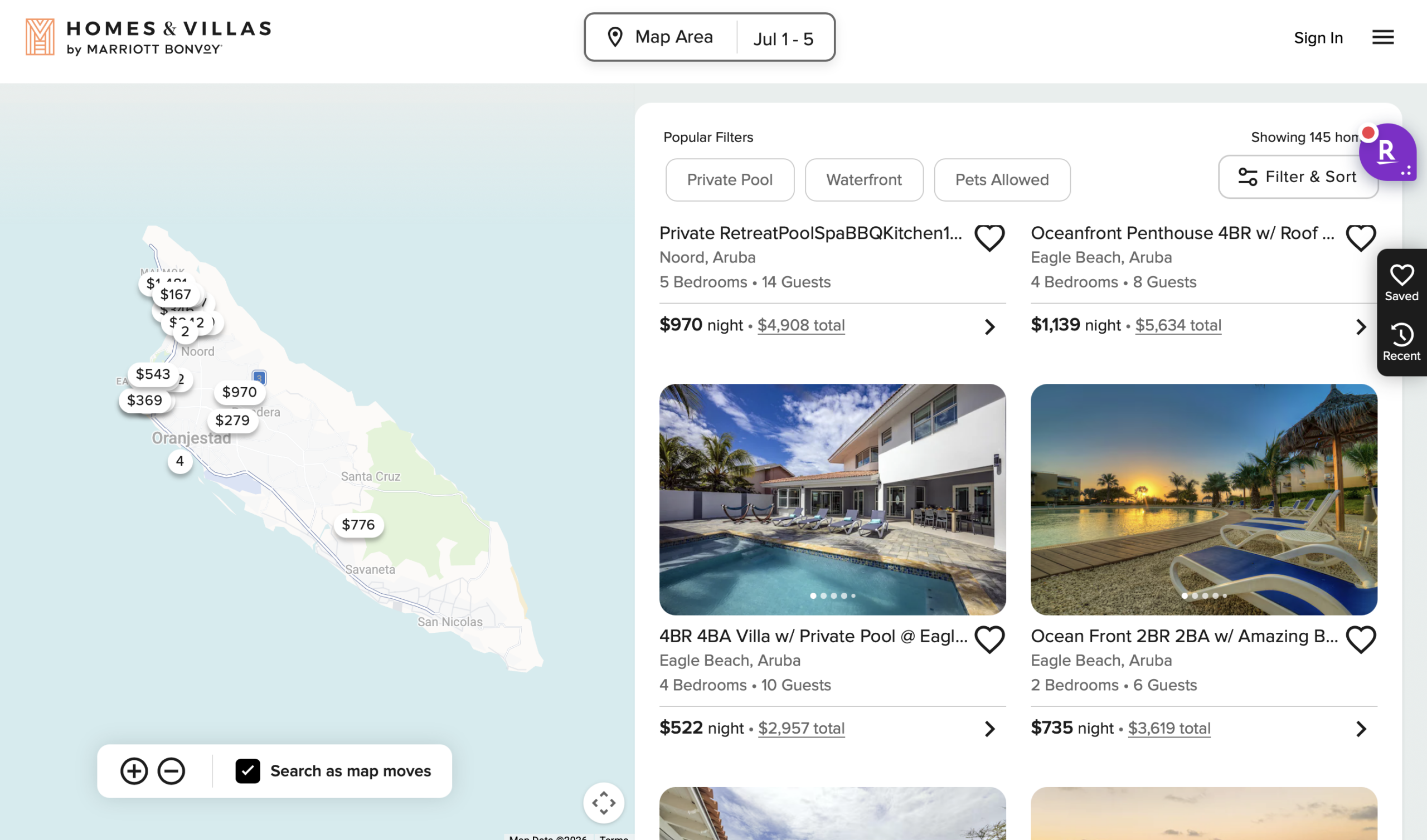 A map showing the Homes & Villas available in Aruba.