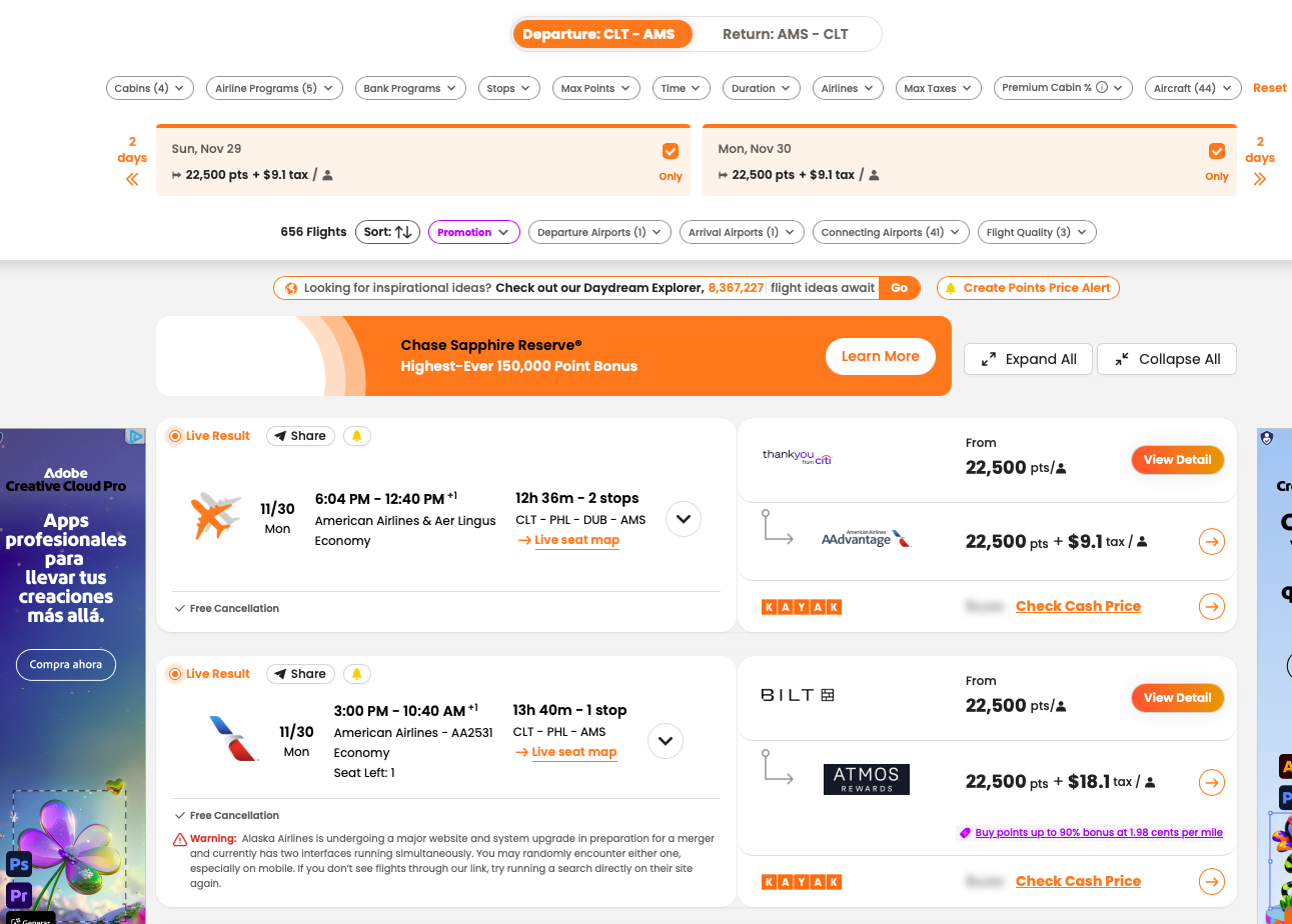 PointsYeah search results for award flights to Amsterdam