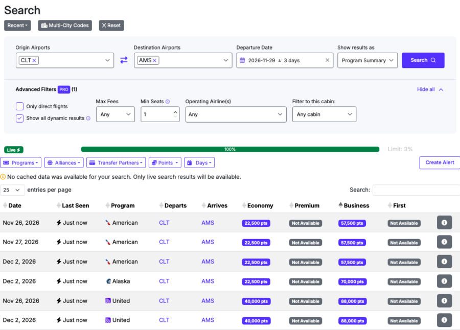 Seats.aero live search result for CLT to AMS