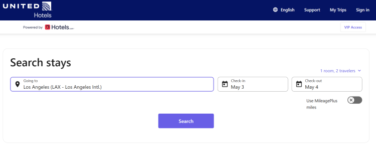 A screen shot shows the search page for United Hotels