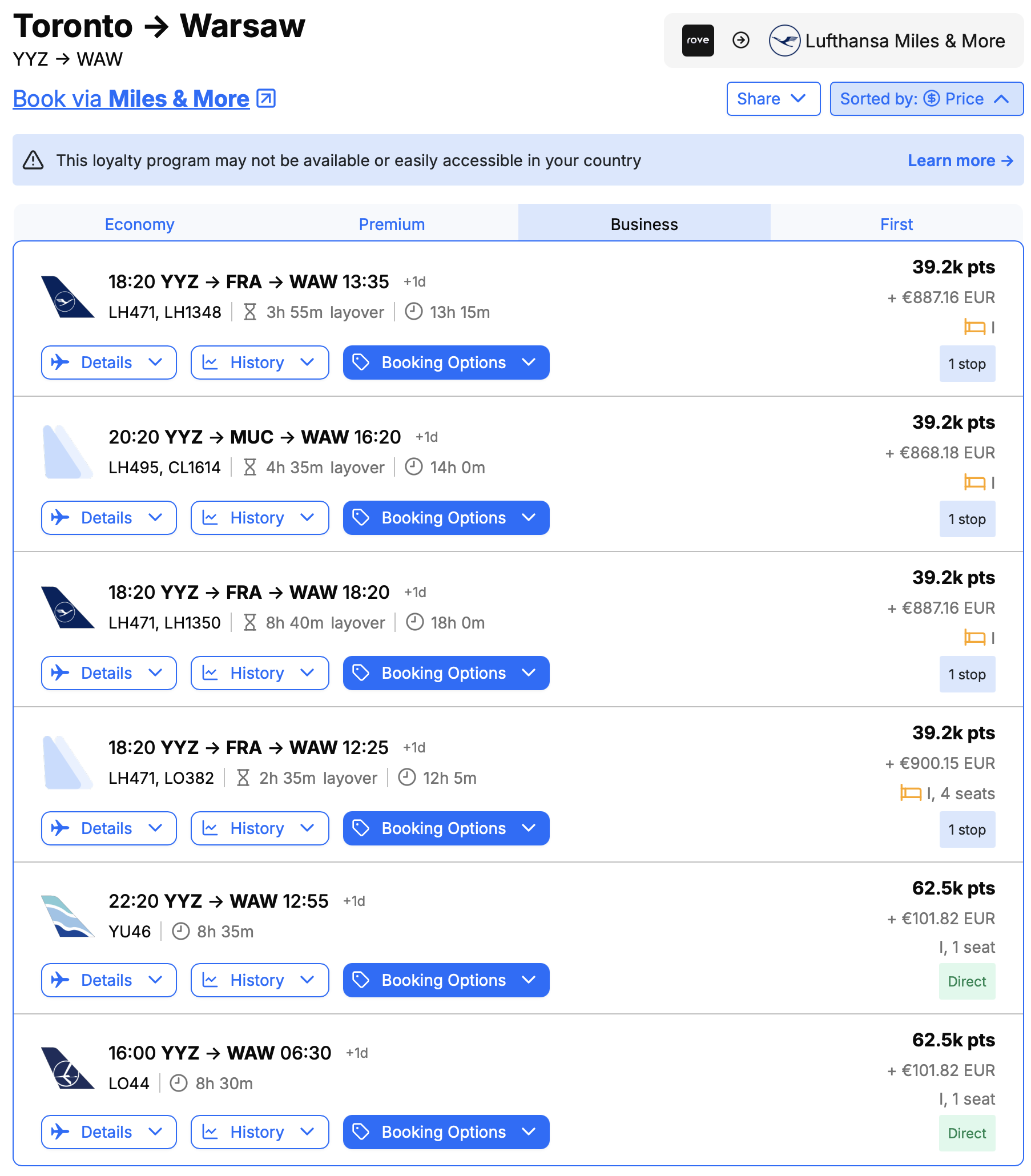 Screenshot of Seats.aero results for Miles & More business class.