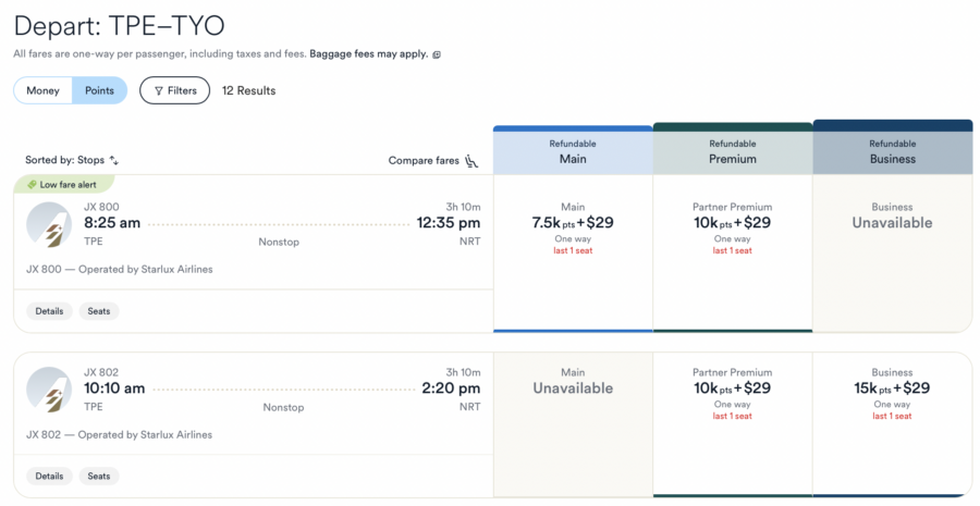 Starlux award flight search results with Alaska Atmos rewards