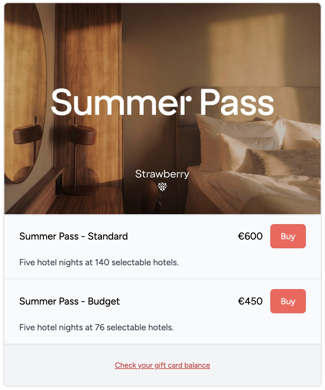 Screenshot of Strawberry Hotels Summer Pass options