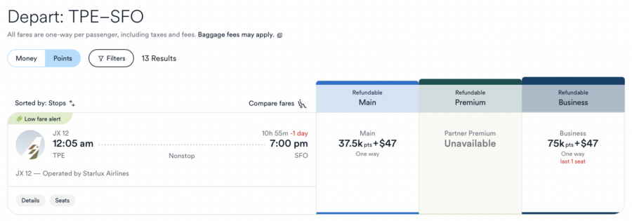 Business-class availability on Starlux with Alaska Atmos points