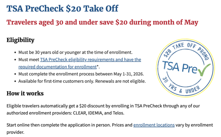 Screenshot of Transportation Security Administration (TSA) May 2026 promo.