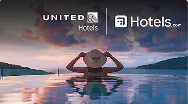 A screenshot shows the logo for United Hotels and Hotels.com with a photo of a woman in a pool at sunset.
