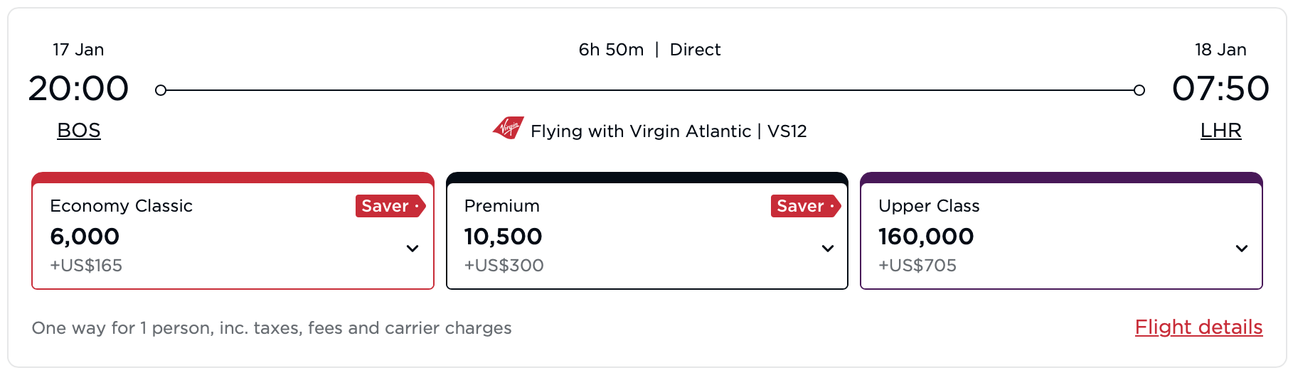 Screenshot of Virgin Atlantic BOS to LHR award