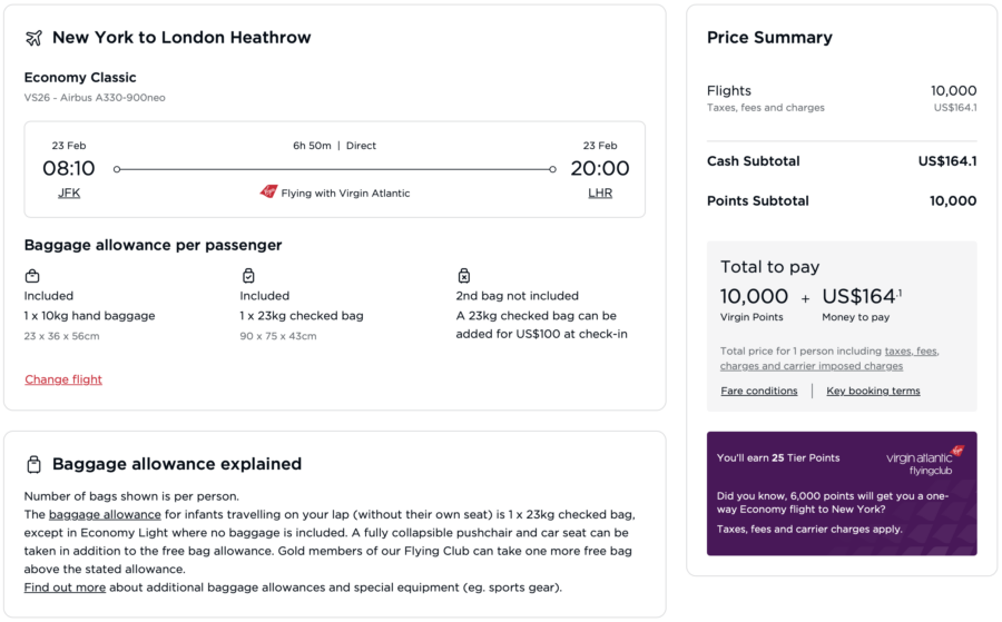 Screenshot of Virgin Atlantic award from JFK to LHR