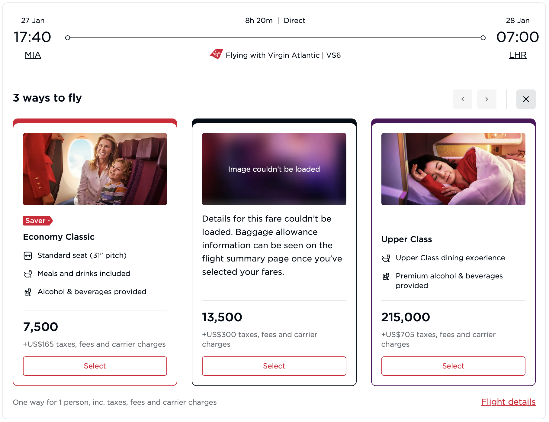 Screenshot of Virgin Atlantic award from MIA to LHR