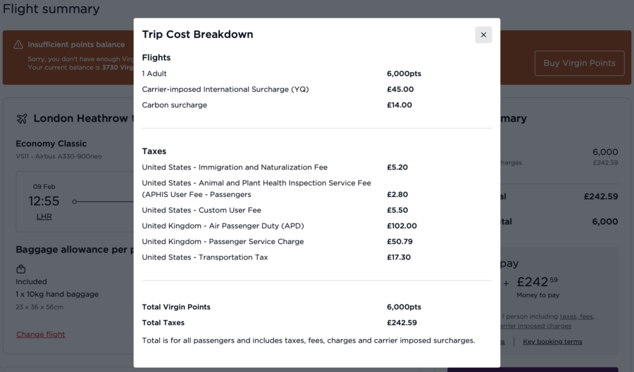 Screenshot of Virgin Atlantic fee breakdown