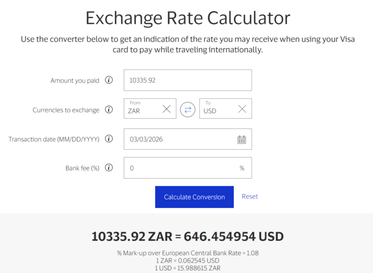 Visa Exchange Rate Calculator result for my ZAR purchase