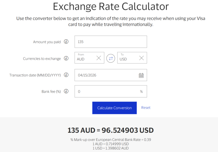 Visa Exchange Rate calculator example from Australian Dollars to US Dollars