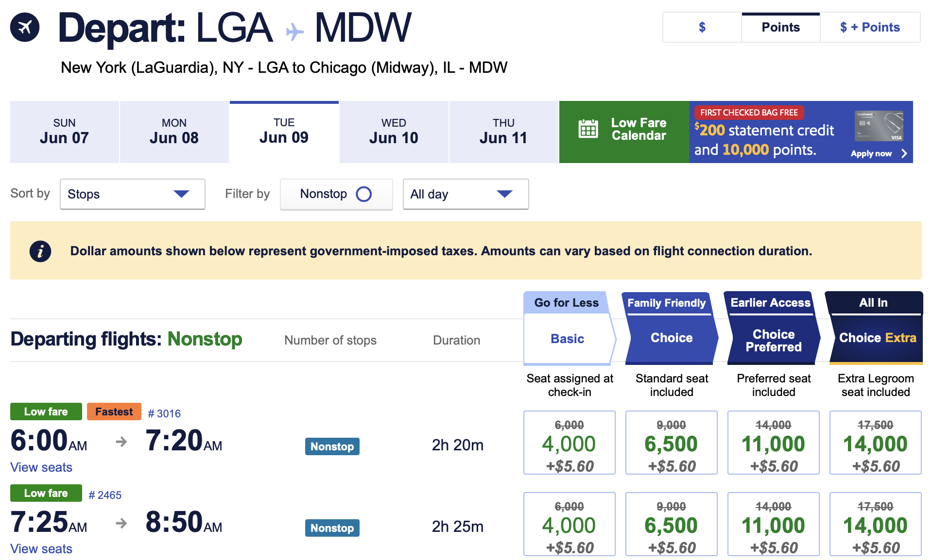 Screenshot of Southwest Airlines fares.