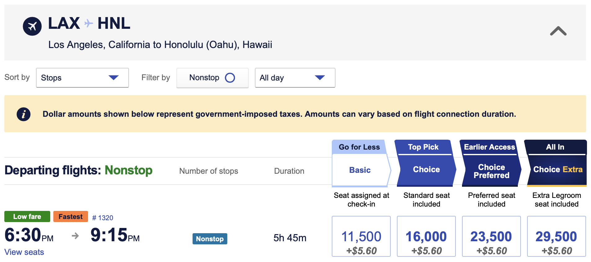 Screenshot of Southwest Airlines award from LAX to HNL