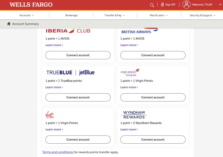 Screenshot of Wells Fargo Rewards transfer partners.