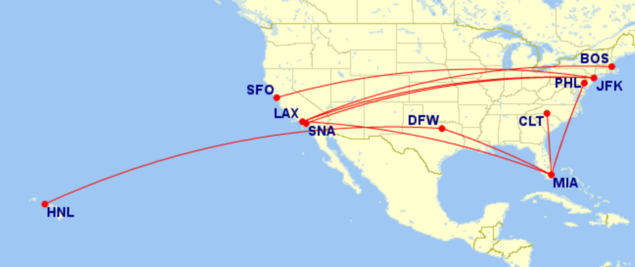 Map of domestic routes where American Airlines is flying lie-flat seats in June 2026