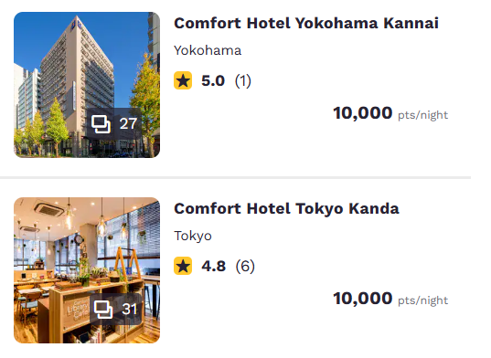 Screenshot of the points rates for two Choice Hotels locations in Tokyo, showing10,000 points per night