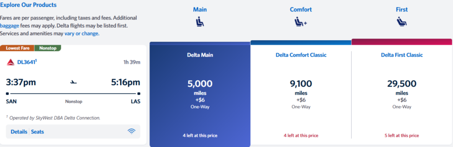 Screenshot of a delta miles redemption from SAN to LAS
