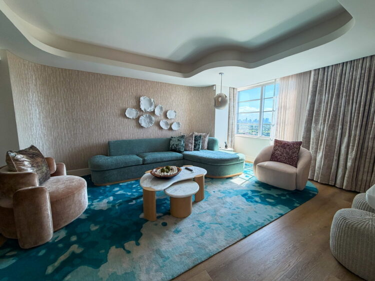 Living room space on a Skyline View Suite at the Andaz Miami Beach - which you could snag using the new Hyatt advance booking access