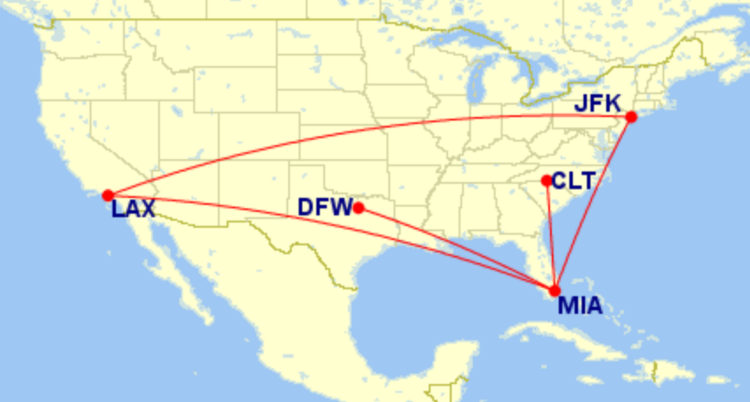 Map of domestic routes where American Airlines is flying lie-flat seats on 777-200 in July 2026