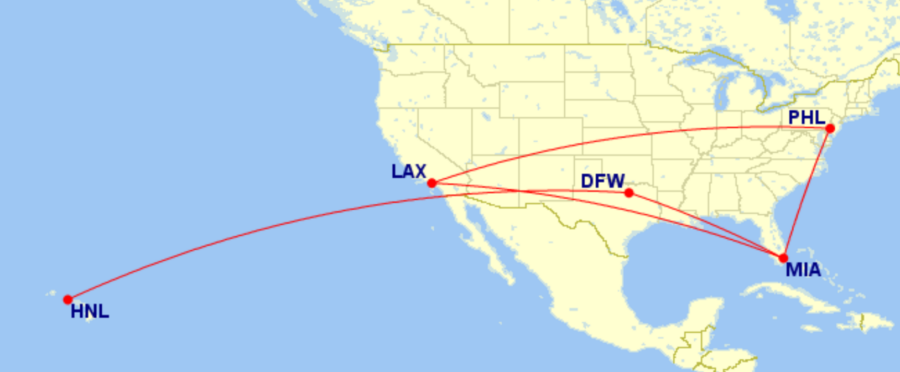 Map of domestic routes where American Airlines is flying lie-flat seats on its Boeing 787-8 aircraft in July 2026
