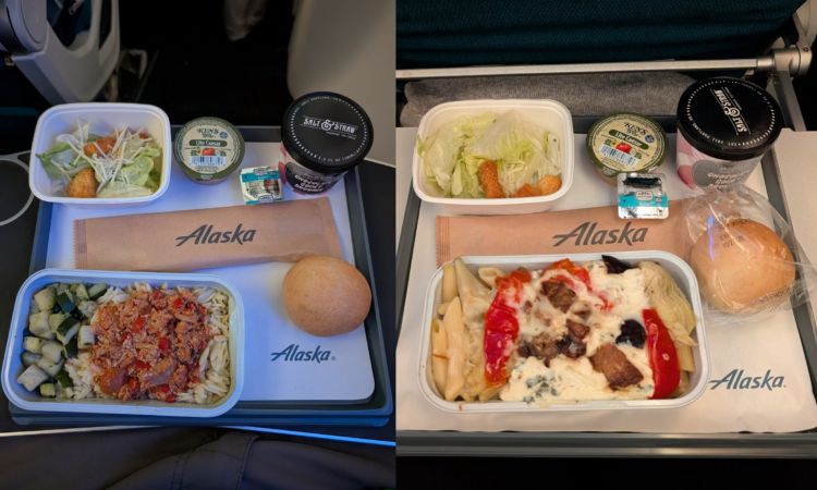 Economy dinner meal service on Alaska Airlines from Seattle to Rome