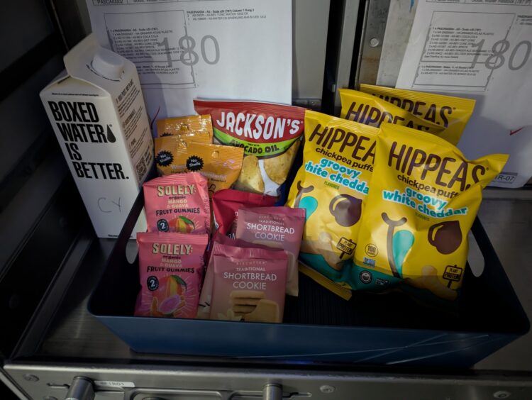 Alaska Airlines economy snack basket on flight from Seattle to Rome