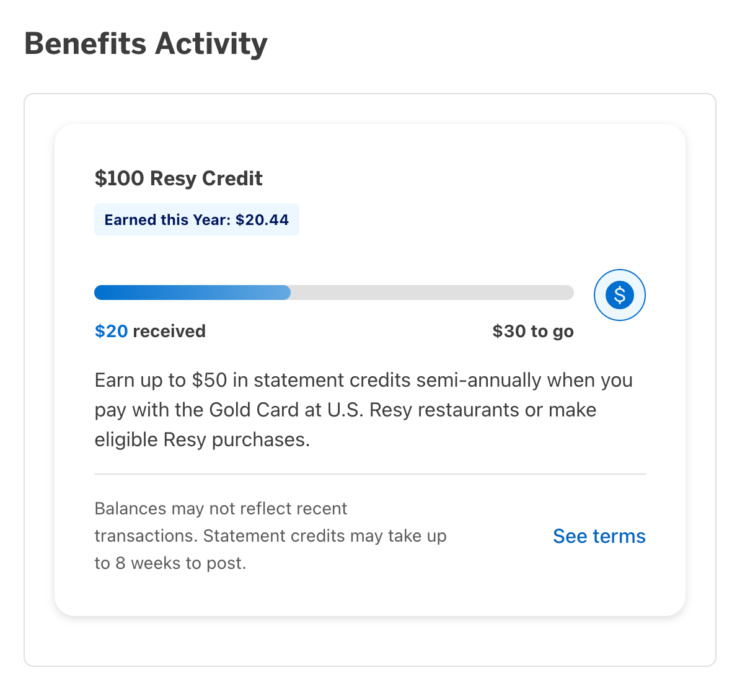 Amex benefit activity for Resy credit