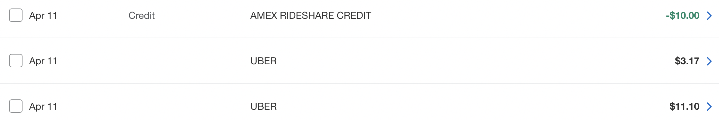The Amex Delta Rideshare credit posting for an Uber charge