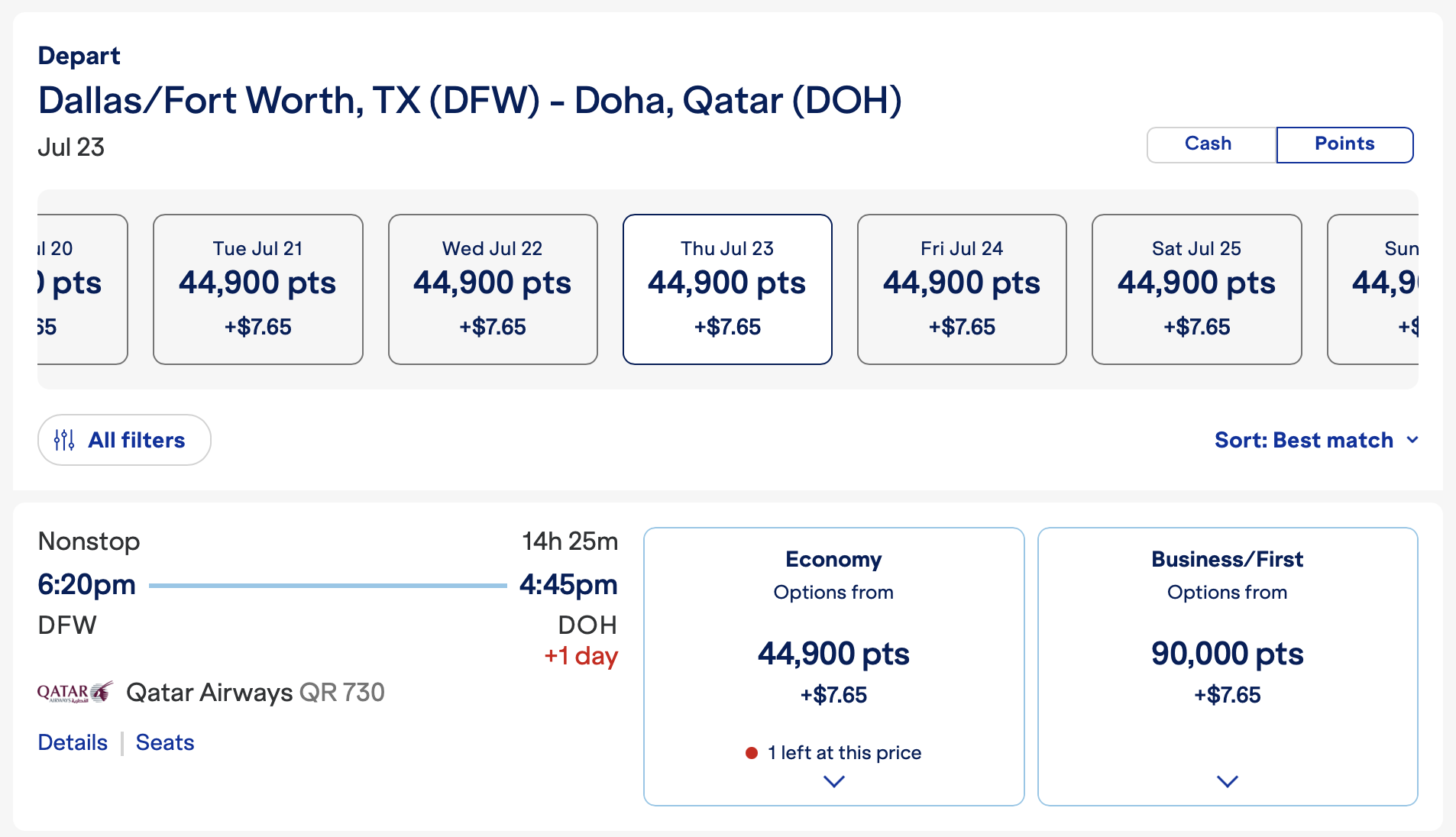 Screenshot of JetBlue redemption on QR from DFW to DOH.