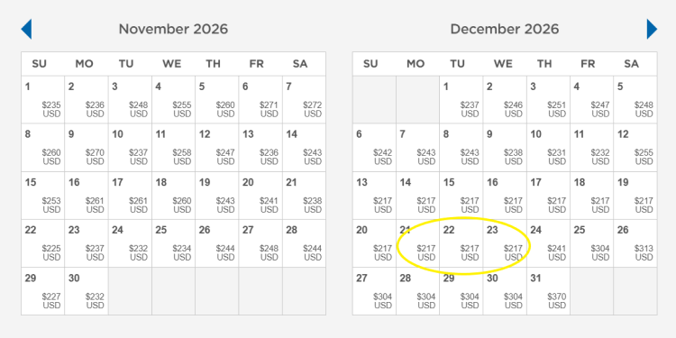 The Wyndham Price Calendar for The Bonnet Creek Resort in Orlando.