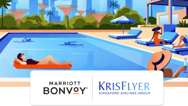 A cartoon of a pool with the logos for Mariott Bonvoy and Krisflyer.