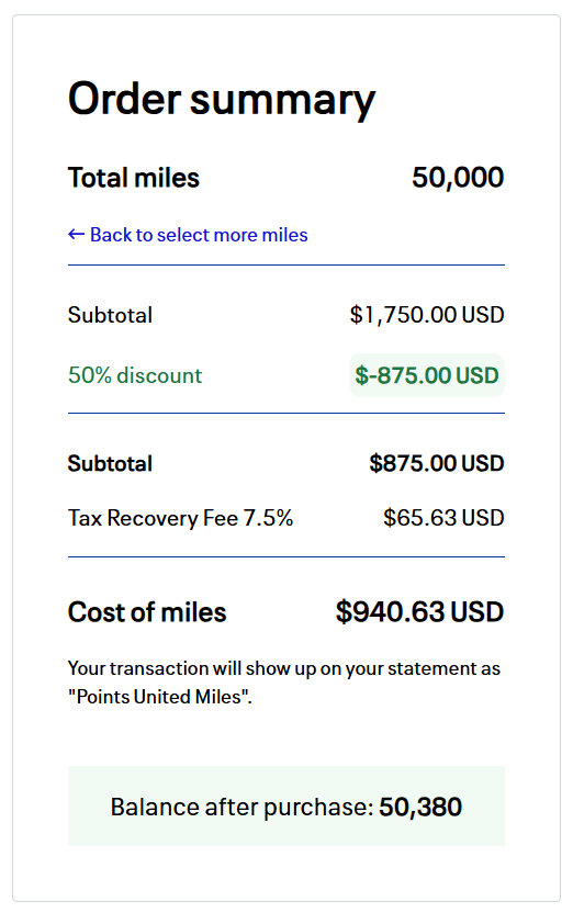 Example purchase of 50k United miles at a 50% discount
