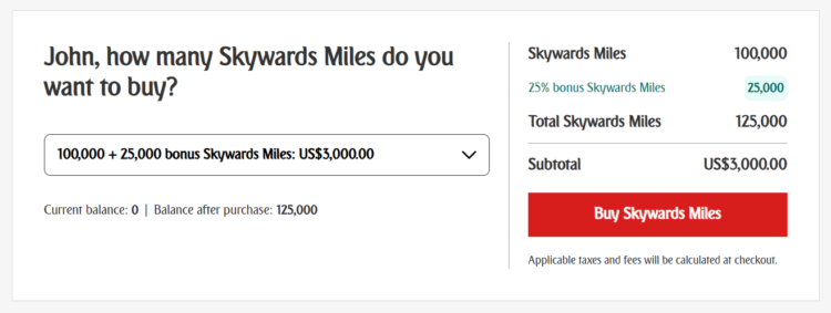 Example purchase of Emirates Skywards miles with a 25% bonus