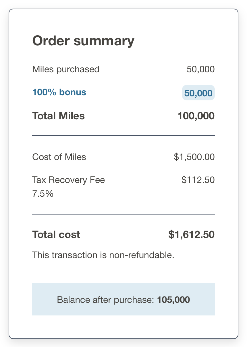 Screenshot of Points.com buy Frontier miles promo receipt.