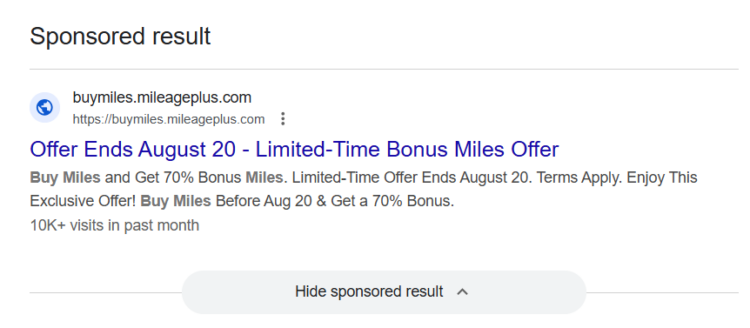 Google sponsored result showing a 70% bonus for buying United miles