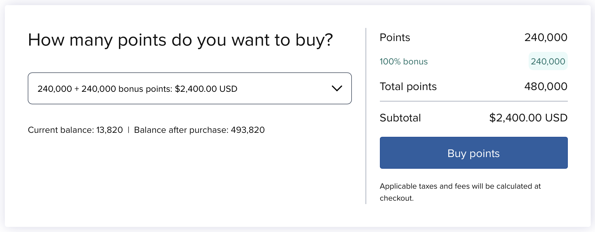 Screenshot of Points.com Hilton buy points receipt.