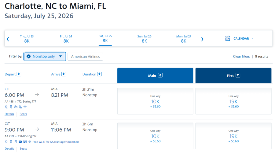 Screenshot showing AAdvantage award search results from Charlotte to Miami in lay-flat first class using AAdvantage miles