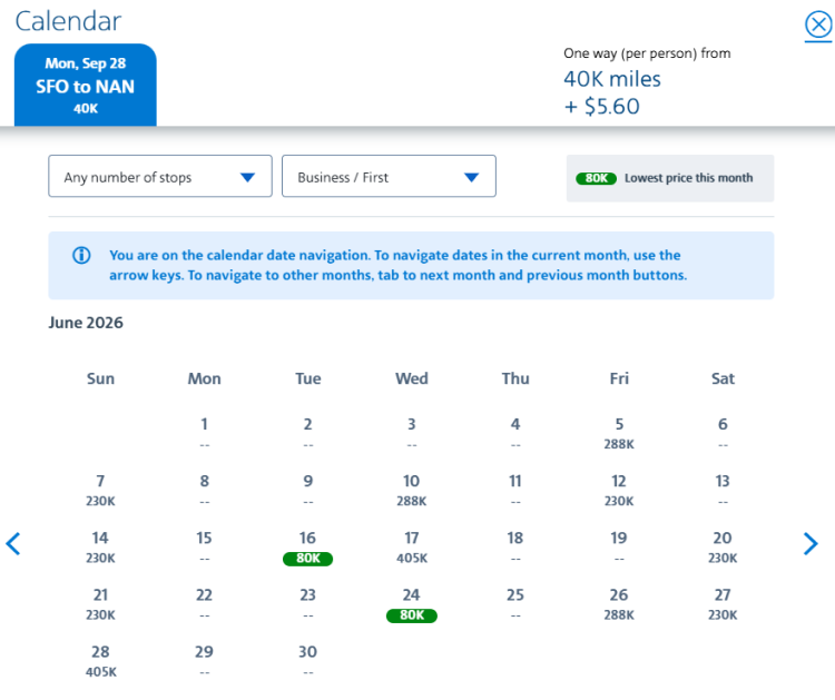 American Airlines AAdvantage award calendar showing mileage prices for flights from San Francisco to Nadi, Fiji, on Fiji Airways.