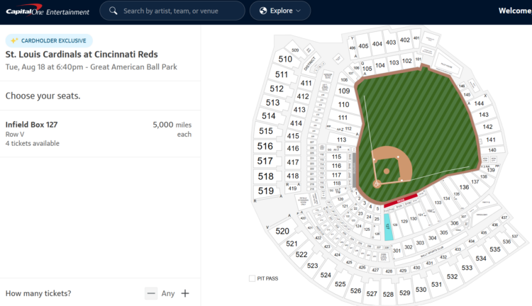 Capital One Entertainment Cardinals vs. Reds tickets for 5,000 Capital One miles