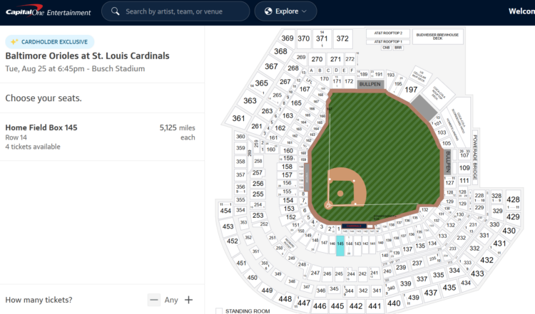 Capital One Entertainment Cardinals vs. Reds tickets for 5,000 Capital One miles