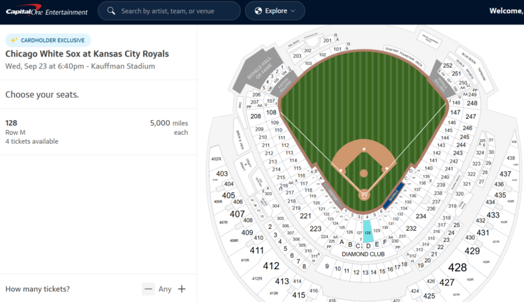 Capital One Entertainment White Sox vs. Royals tickets for 5,000 Capital One miles