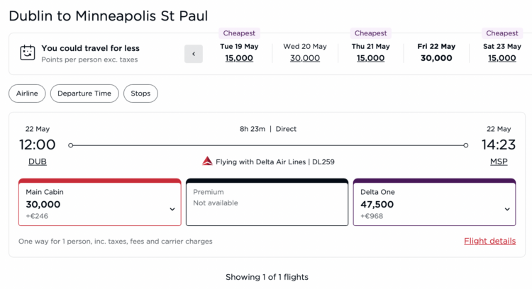 Award flight search results on Virgin Atlantic