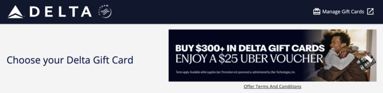 Screenshot of Delta gift card / Uber voucher promotion.