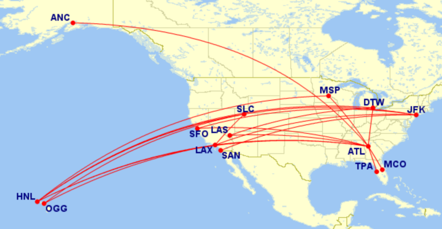Map of all Delta domestic lay-flat routes for July 2026