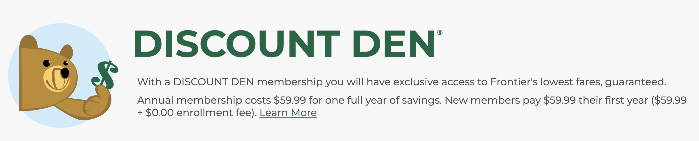 Screenshot of Frontier Airlines Discount Den promotion.