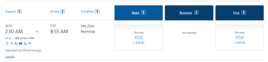 A screenshot from the American Airlines website showing Etihad Apartment award availability and pricing