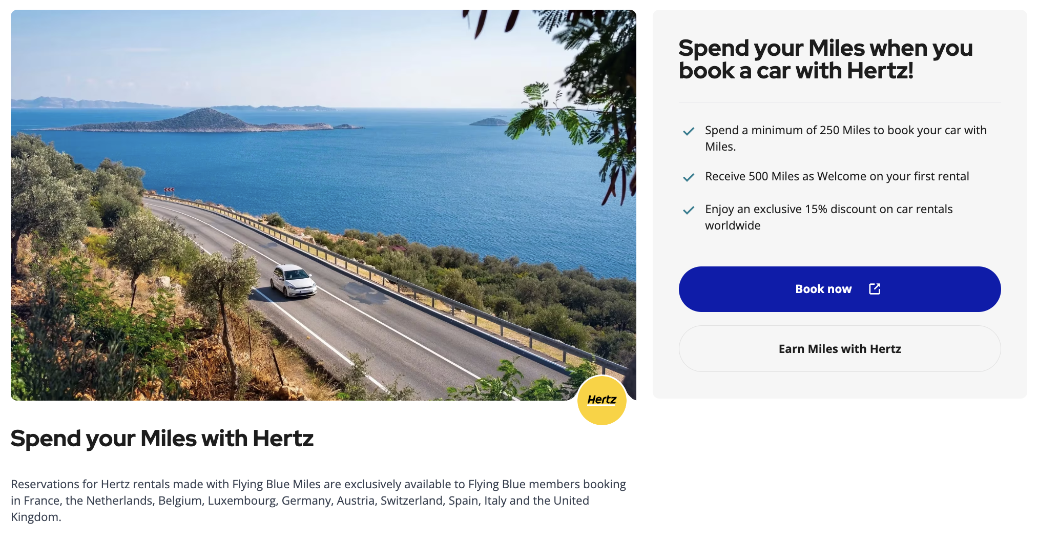 Screenshot of Flying Blue rental car webpage.